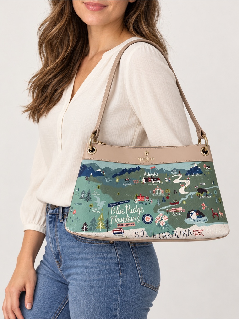 Spartina 449 Sage and Tan Blue Ridge Mountains Print Shoulder Bag